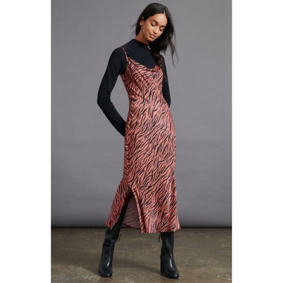 Anthropologie Elyse Bias Slip Dress – Animal Print Satin Midi, Cowl Neck - Picture 1 of 9